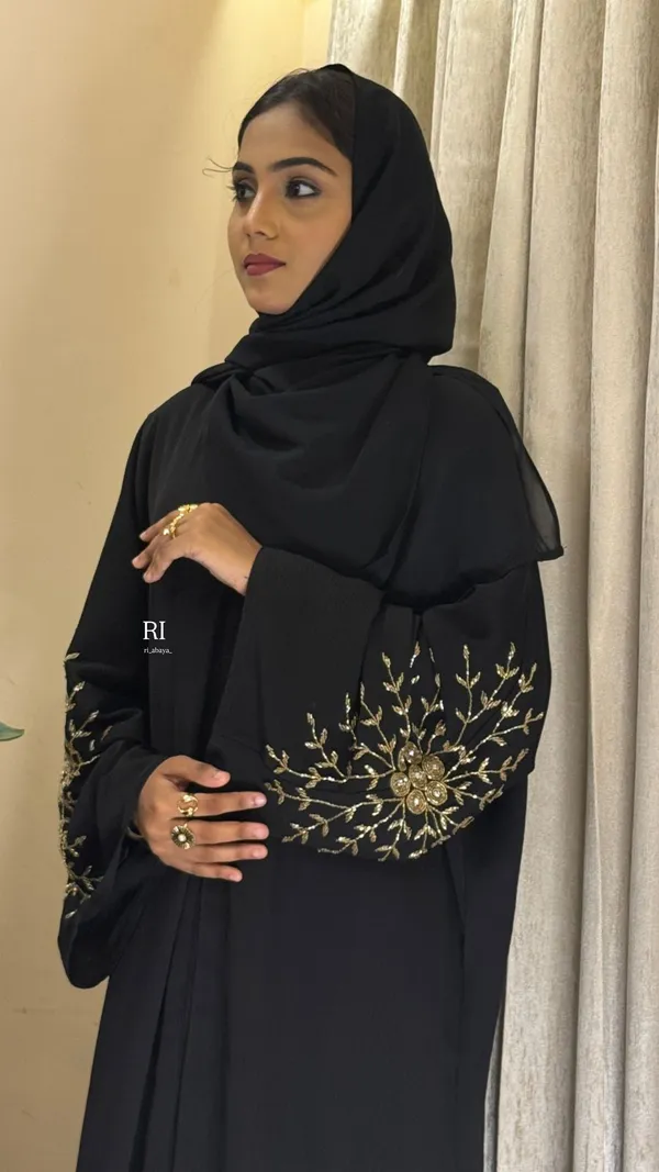 Black_Zoom_Fabric_Relaxed_Fit_Golden_Embroidered_Bridal_Abaya_With_Hijab_For_Women