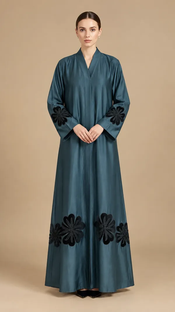 Teal_Flowy_Fabric_Open_Front_Floral_Patch_Abaya_For_Women