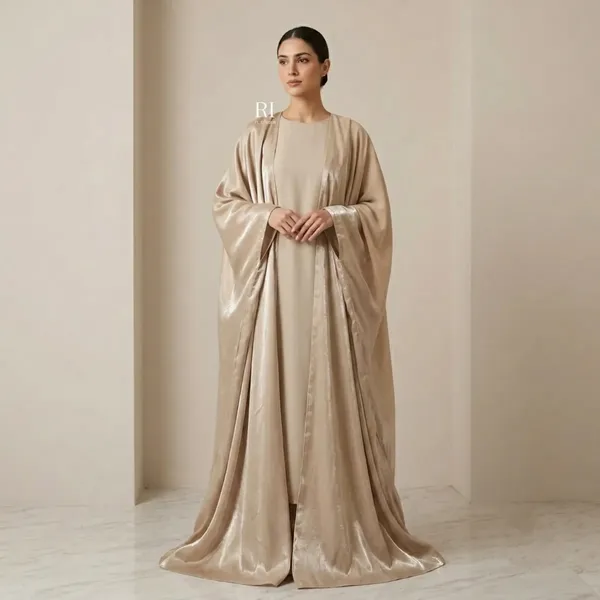 Cream_Organza_Flowy_Open_Front_Cape_Abaya_Set_For_Women