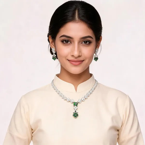 Silver_Toned_Green_Stone_Studded_Necklace_And_Earring_Set_For_Women