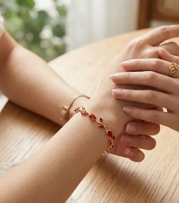 Gold_Toned_Red_Stone_Leaf_Vine_Bracelet_For_Women