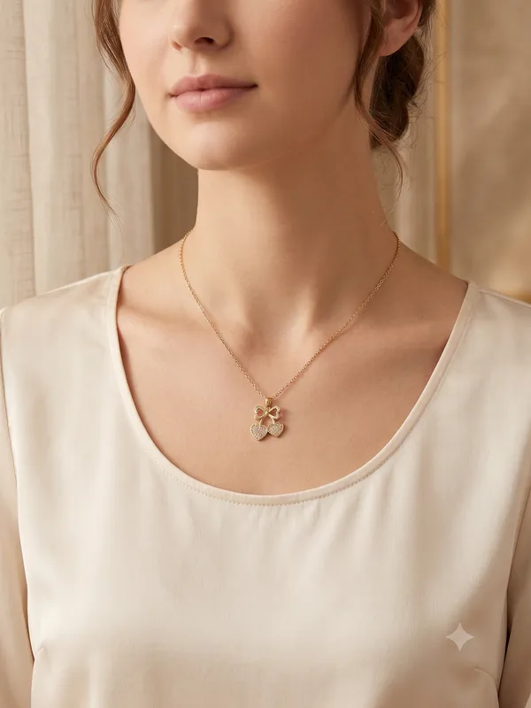 Gold_Toned_Bow_Double_Heart_Pendant_Necklace_For_Women