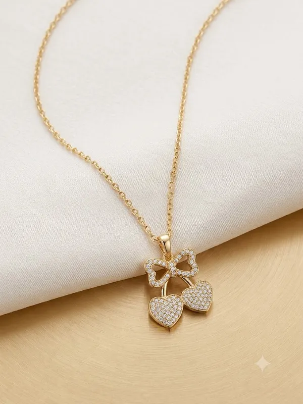 Gold_Toned_Bow_Double_Heart_Pendant_Necklace_For_Women