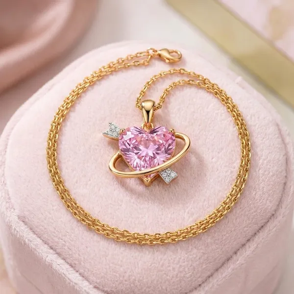 Gold_Toned_Pink_Heart_Pendant_Necklace_For_Women