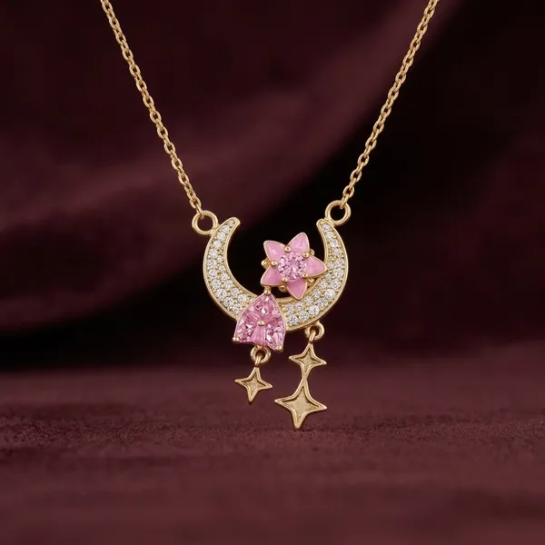 Gold_Toned_Moon_Star_Pink_Crystal_Pendant_Necklace_For_Women