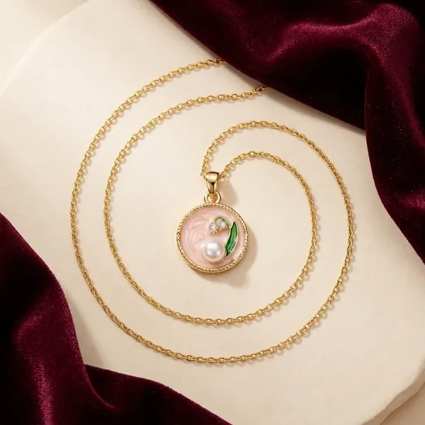 Gold_Toned_Pink_Enamel_Floral_Pendant_Necklace_For_Women