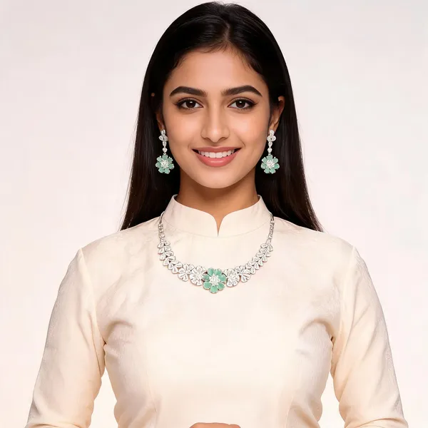 Silver_Toned_Mint_Floral_Stone_Studded_Necklace_And_Earring_Set_For_Women