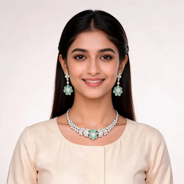 Silver_Toned_Mint_Floral_Stone_Studded_Necklace_And_Earring_Set_For_Women