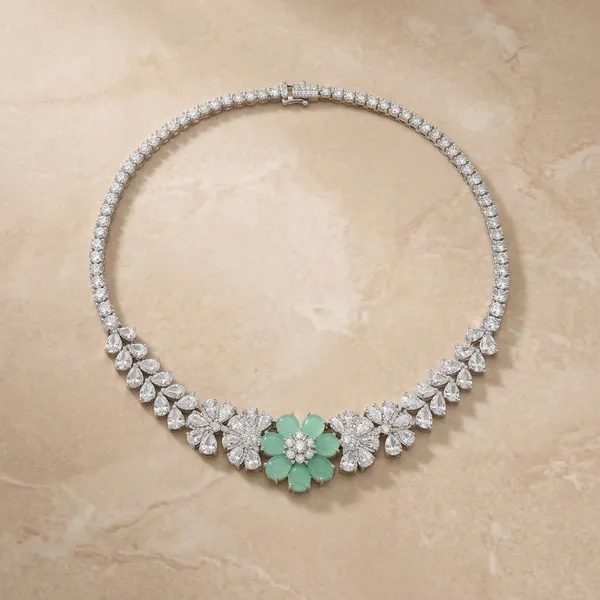 Silver_Toned_Mint_Floral_Stone_Studded_Necklace_And_Earring_Set_For_Women