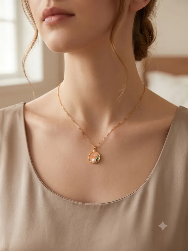Gold_Toned_Pink_Enamel_Floral_Pendant_Necklace_For_Women