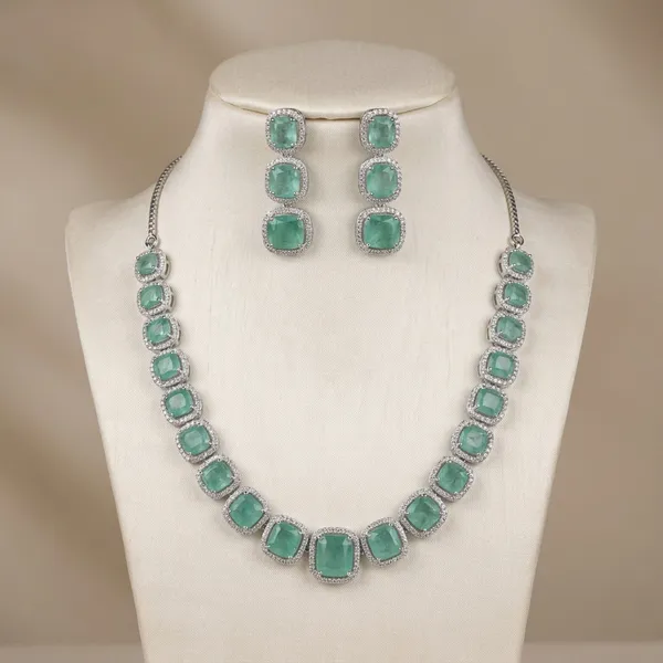 Silver_Toned_Mint_Green_Stone_Necklace_And_Earring_Set_For_Women