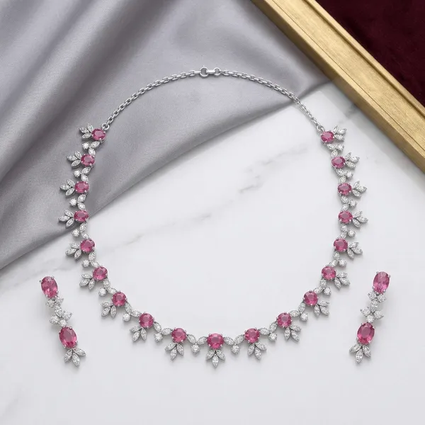 Silver_Toned_Pink_Stone_Studded_Necklace_And_Earring_Set_For_Women