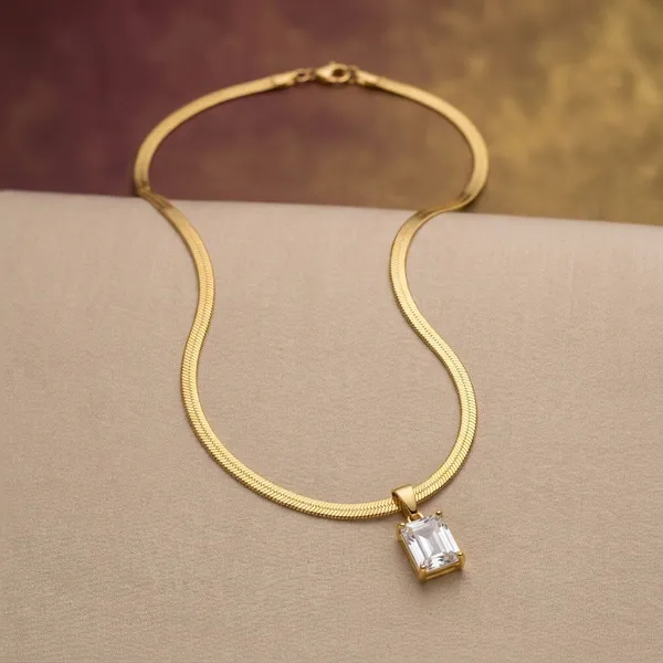 Gold_Plated_Herringbone_Chain_Rectangular_Zircon_Pendant_Necklace_For_Women