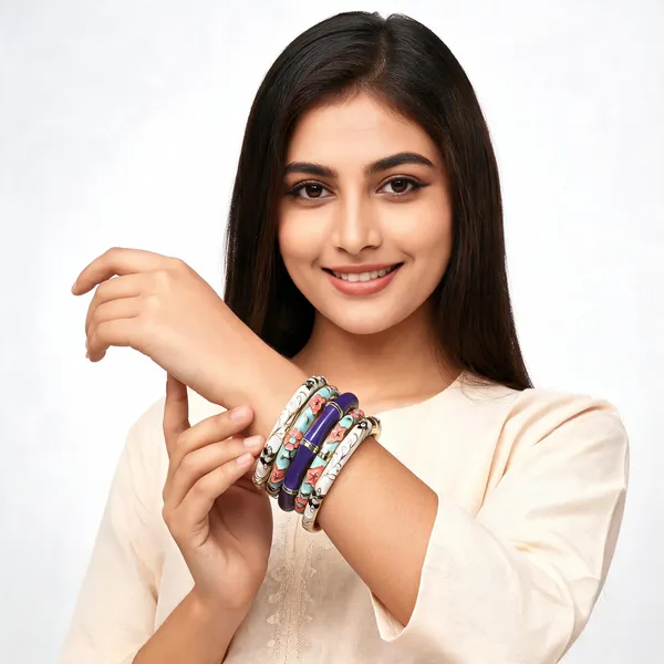 Multicolor_Enamel_Floral_Print_Bangle_Set_For_Women