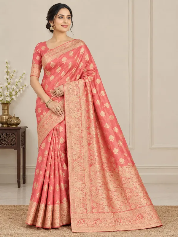 Coral_Tissue_Silk_Banarasi_Zari_Woven_Saree_For_Women