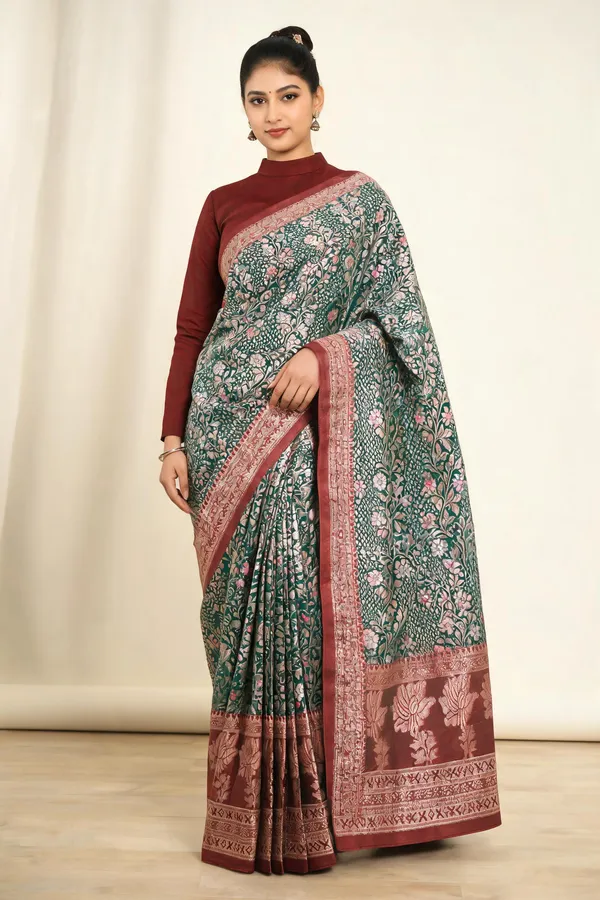 Kanjivaram_Meenakari_Bottal_Green_Zari_Woven_Floral_Banarasi_Silk_Saree_For_Women