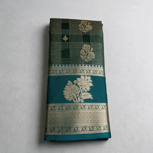 Kanjivaram_Brocade_Bottal_Green_Checked_Silk_Zari_Woven_Banarasi_Saree_For_Women