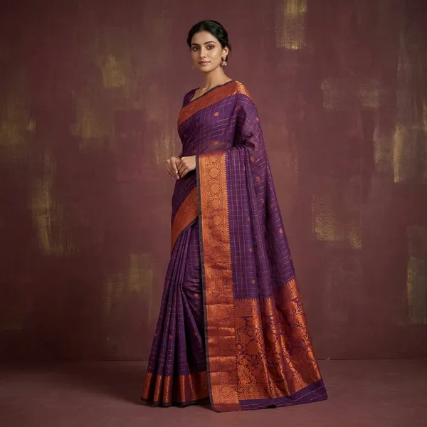 Royal_Cotton_Jamla_Handwoven_Silk_Zari_Checkered_With_Contrast_Green_Pallu_And_Blouse_Zari_Woven