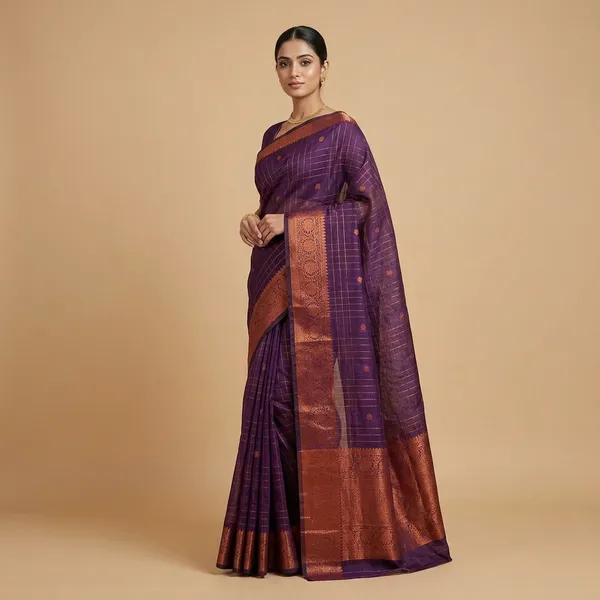 Royal_Cotton_Jamla_Handwoven_Silk_Zari_Checkered_With_Contrast_Green_Pallu_And_Blouse_Zari_Woven