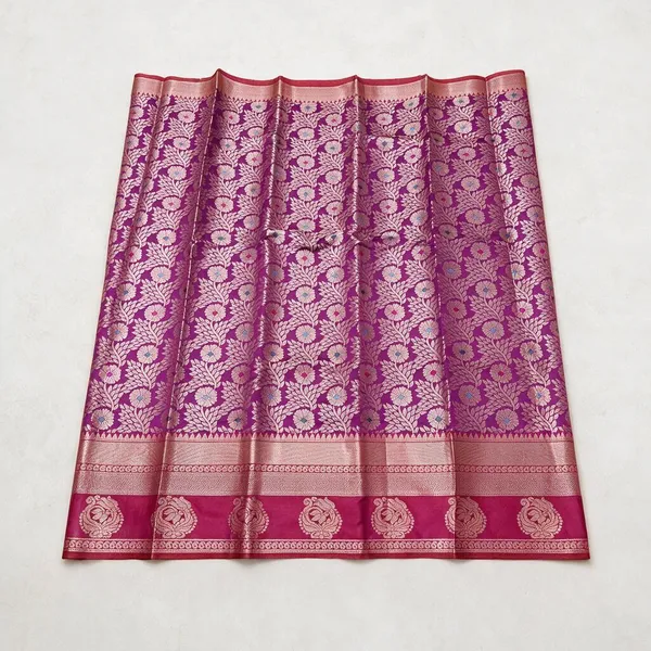 Kanjivaram_Meenakari_Magenta_Handwoven_Silk_Zari_Woven_Banarasi_Saree_With_Contrast_Red_Pallu,_Blouse_With_Contrast_Red_Border