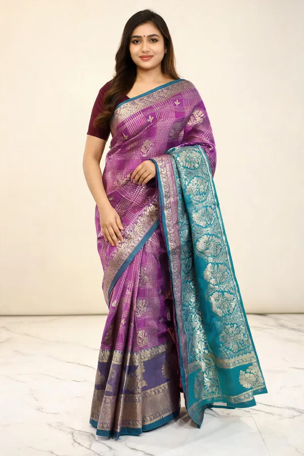 Brocade_Cheks_Magenta_Silk_Zari_Woven_Floral_Border_Kanjivaram_Saree_For_Women