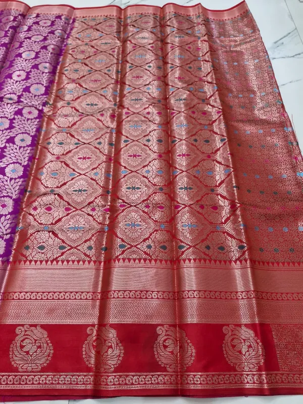 Kanjivaram_Meenakari_Magenta_Handwoven_Silk_Zari_Woven_Banarasi_Saree_With_Contrast_Red_Pallu,_Blouse_With_Contrast_Red_Border