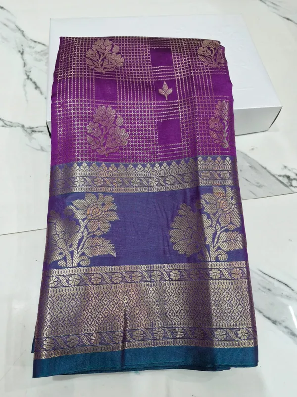 Brocade_Cheks_Magenta_Silk_Zari_Woven_Floral_Border_Kanjivaram_Saree_For_Women