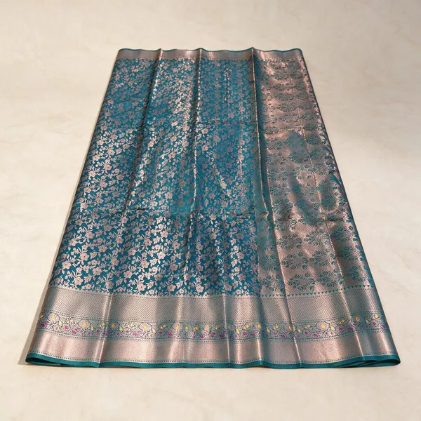 Teal_Karishma_Silk_Woven_Floral_Banarasi_Saree_For_Women