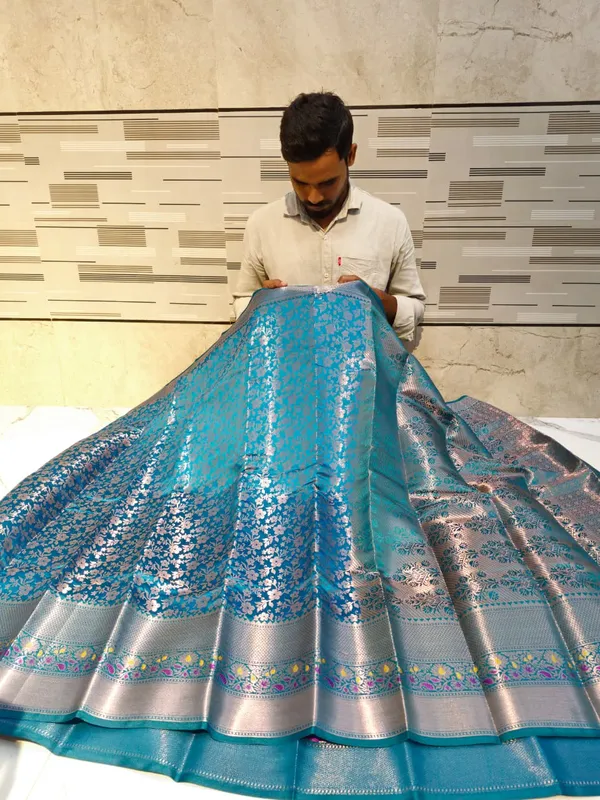 Teal_Karishma_Silk_Woven_Floral_Banarasi_Saree_For_Women