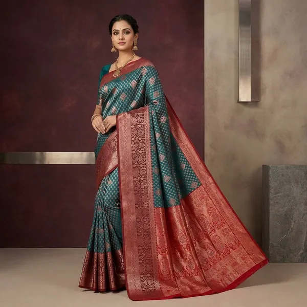 Kanchipuram_Meenakari_Green_Silk_Zari_Woven_Banarasi_Saree_With_Maroon_Border_For_Women