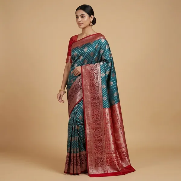 Kanchipuram_Meenakari_Green_Silk_Zari_Woven_Banarasi_Saree_With_Maroon_Border_For_Women