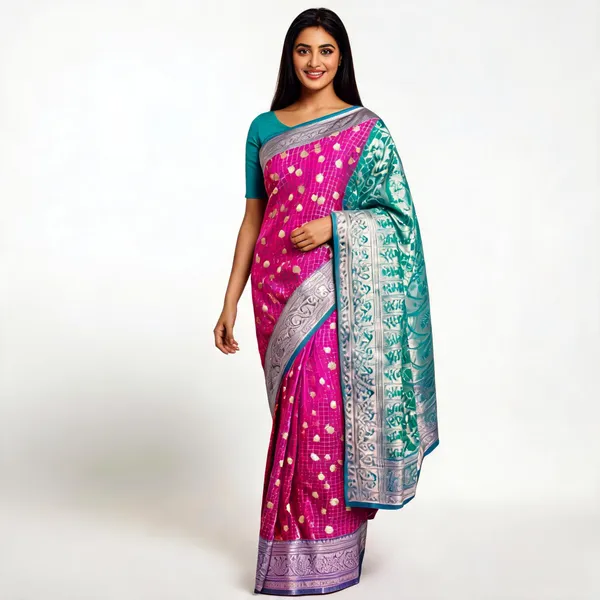 Pink_Karishma_Silk_Floral_Checked_Woven_Saree_For_Women
