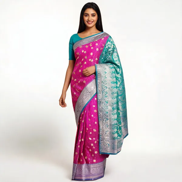Pink_Karishma_Silk_Floral_Checked_Woven_Saree_For_Women