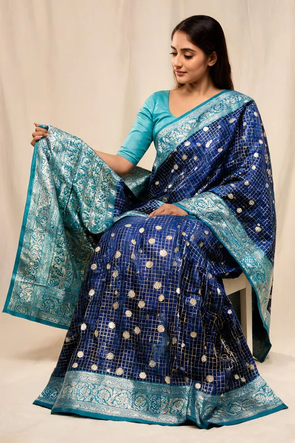 Navy_Blue_Karishma_Silk_Woven_Checked_Saree_For_Women