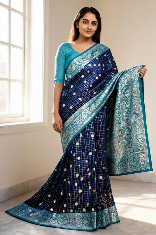Navy_Blue_Karishma_Silk_Woven_Checked_Saree_For_Women