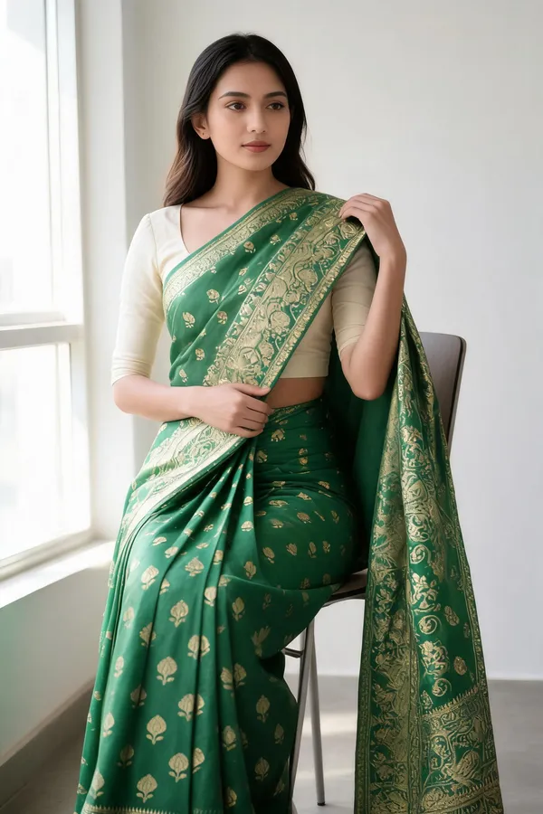 Green_Tissue_Silk_Banarasi_Zari_Buti_Woven_Saree_For_Women