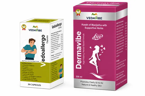DERMAVIBE_HERBAL_SKIN_DETOX_LIQUID_WITH_MANJISTHA_NEEM_GILOY__And_VEDOALLERGO_SKIN_ALLERGY_RELIEF_CAPSULES_NEEM_HARIDRA_MANJISTHA_COMBO_for_Itching_(Pruritus),_Psoriasis,_Redness_or_Rash,_Hives_/_Urticaria,_Allergic_Dermatitis,_Insect-Bite_Allergy,_Swelling_Due_to_Allergy,_Drug-Related_Skin_Allergy,_Blood_Purification_Support,_Chronic_Allergic_Skin_Disorders