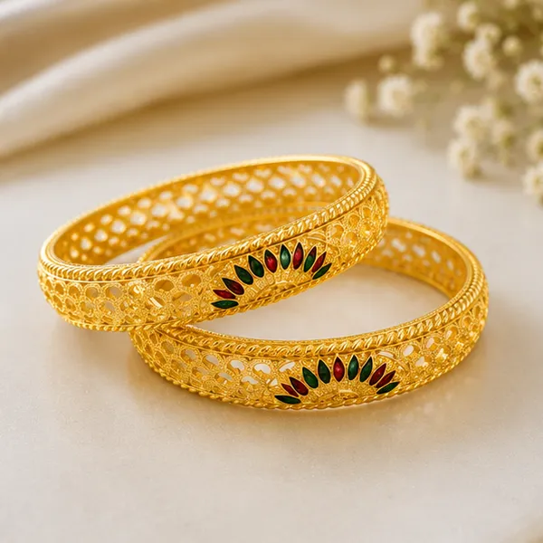Elegant_Gold_Filigree_Designer_Bangles_with_Red_&_Green_Meenakari