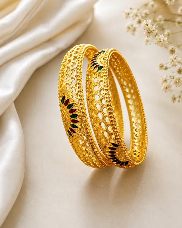 Elegant_Gold_Filigree_Designer_Bangles_with_Red_&_Green_Meenakari