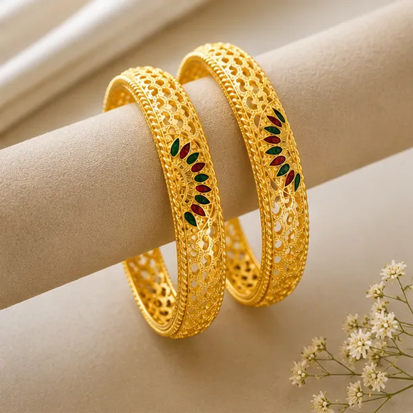 Elegant_Gold_Filigree_Designer_Bangles_with_Red_&_Green_Meenakari