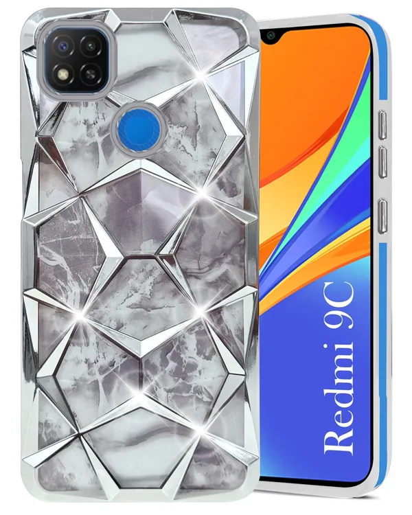 Grey_3D_Diamond_Marble_Chrome_Detachable_Back_Case_Redmi_9C