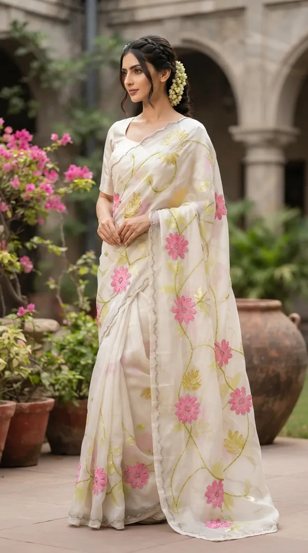 White_Pure_Chiffon_Hand_Painted_Kat_Dana_Saree_For_Women