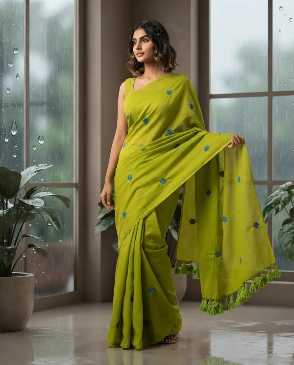 Parrot_Green_Mul_Cotton_Floral_Embroidered_Saree_For_Women