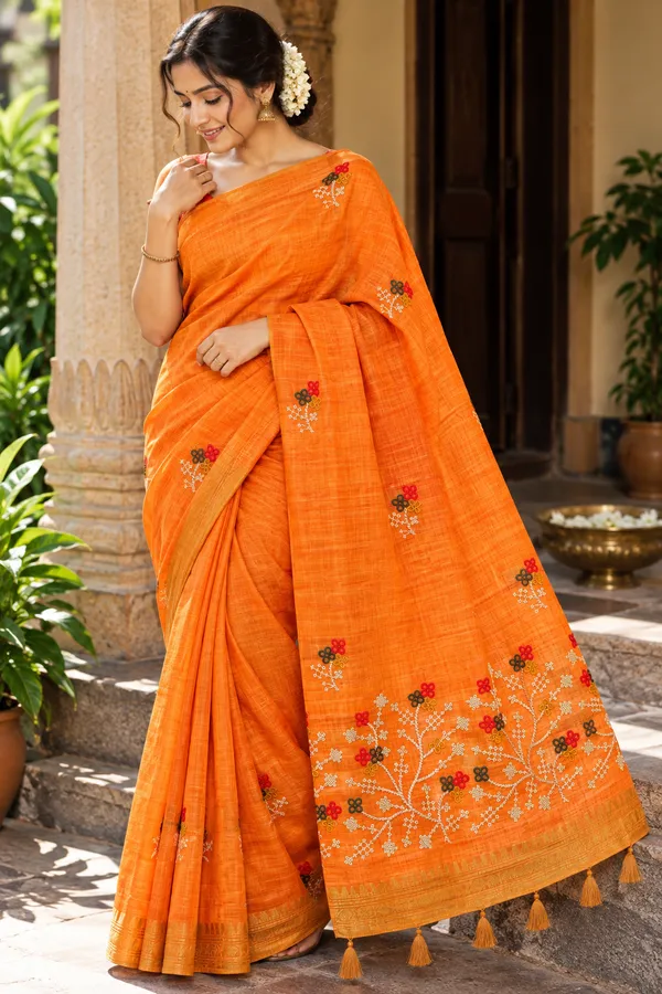 Rusty_Orange_South_Cotton_Embroidery_Work_Saree_For_Women