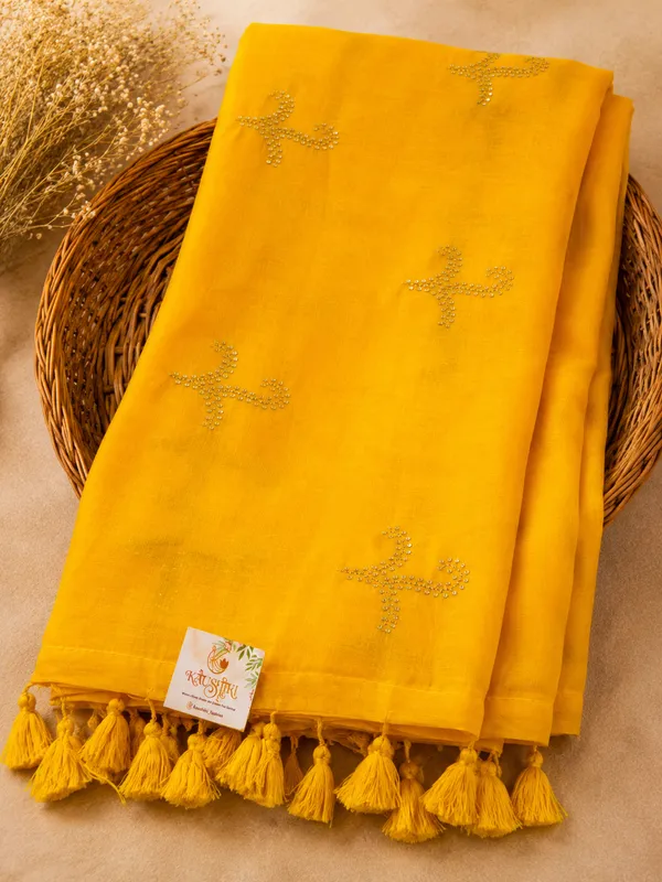 Yellow_Mul_Cotton_Sequin_Work_Saree_For_Women