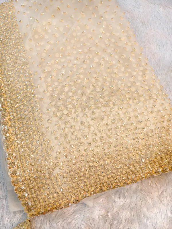 Cream_White_Net_Tissue_Bridal_Designer_Saree_For_Women