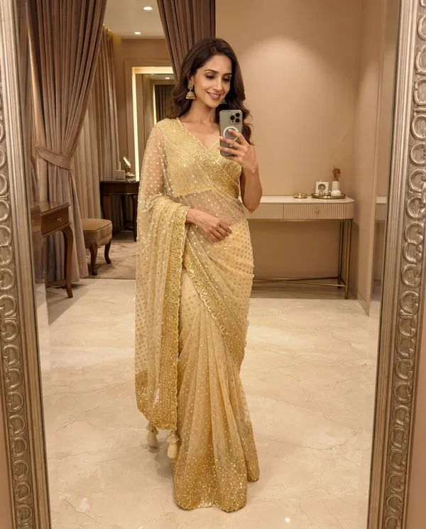 Cream_White_Net_Tissue_Bridal_Designer_Saree_For_Women