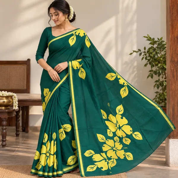 Green_Mul_Cotton_Hand_Painted_Floral_Saree_For_Women