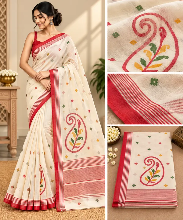Cream_Soft_Cotton_Hand_Weaving_Saree_For_Women