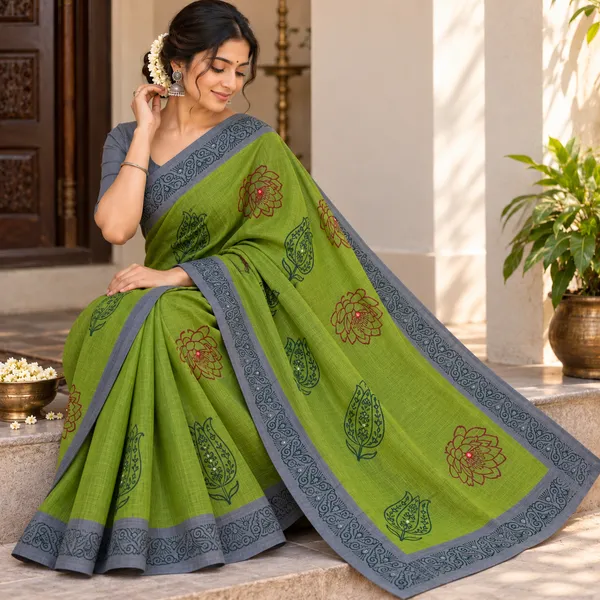 Olive_Green_And_Gray_South_Cotton_Mirror_Work_Saree_For_Women